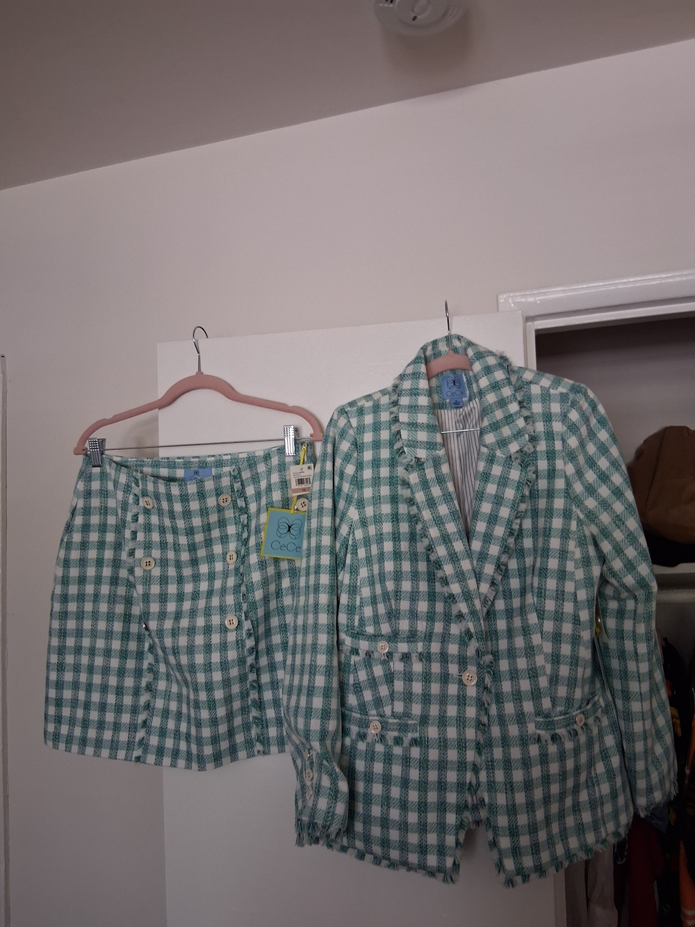 CeCe Green and White Gingham Blazer and Skirt Set